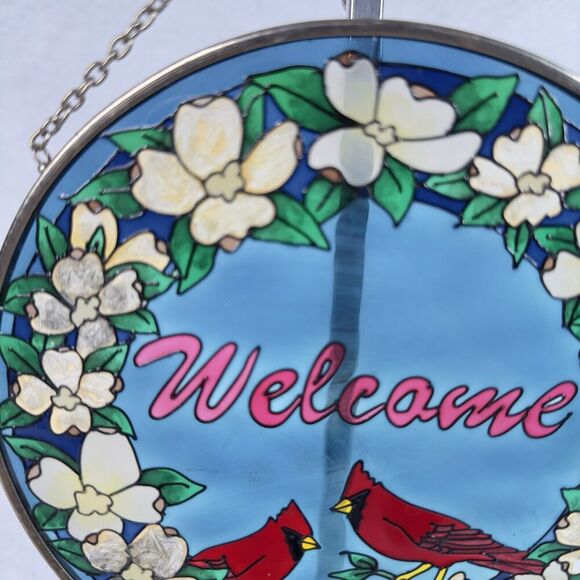 Amia Studios Stained Glass Suncatcher Cardinals “Welcome"  Window Hanging 6.5” - Picture 3 of 8